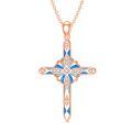 wholesale Rose Gold 925 Sterling Silver Lab-Grown Cubic Zirconia and Blue Fire Opal Cross Pendant Necklace for Women-0-0