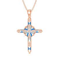 wholesale Rose Gold 925 Sterling Silver Lab-Grown Cubic Zirconia and Blue Fire Opal Cross Pendant Necklace for Women-Rose