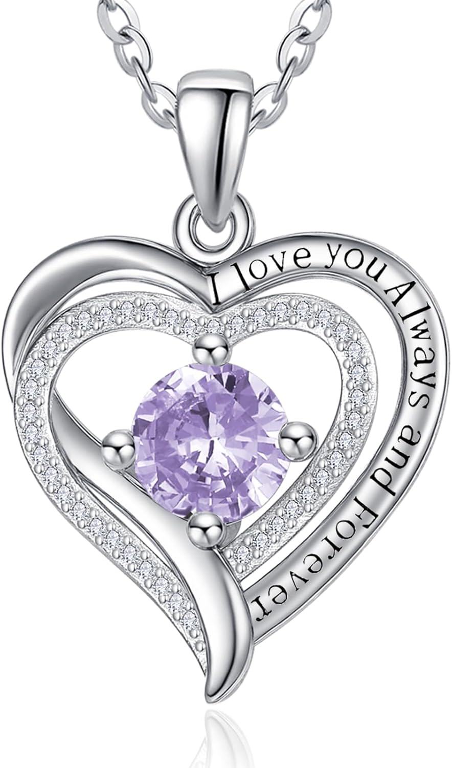 Sterling Silver White Gold Heart Pendant Necklace w Birthstone for Women-06-June