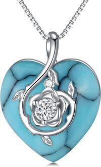 wholesale Sterling Silver Birthstone Heart Rose Pendant Necklace for Women-12-Dec-Turquoise