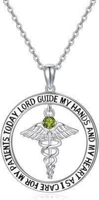 wholesale 925 Sterling Silver 12 Birthstones Nurse Necklace with Caduceus Nursing Graduation Gift-Aug.