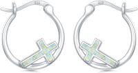 wholesale 925 Sterling Silver 3D White Opal Cross Huggie Hoop Earrings - Religious Christian Jewelry for Women & Men-White Opal