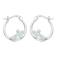 wholesale 925 Sterling Silver Hoop Earrings Wholesale With Opal Cross Detail-White Opal