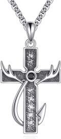 wholesale 925 Sterling Silver Hammered Anchor Cross Pendant Necklace  with Black CZ Stone and Antler Accents - Christian Jewelry for Men & Women-0-0