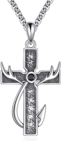 wholesale 925 Sterling Silver Hammered Anchor Cross Pendant Necklace  with Black CZ Stone and Antler Accents - Christian Jewelry for Men & Women-Fish Hook Cross