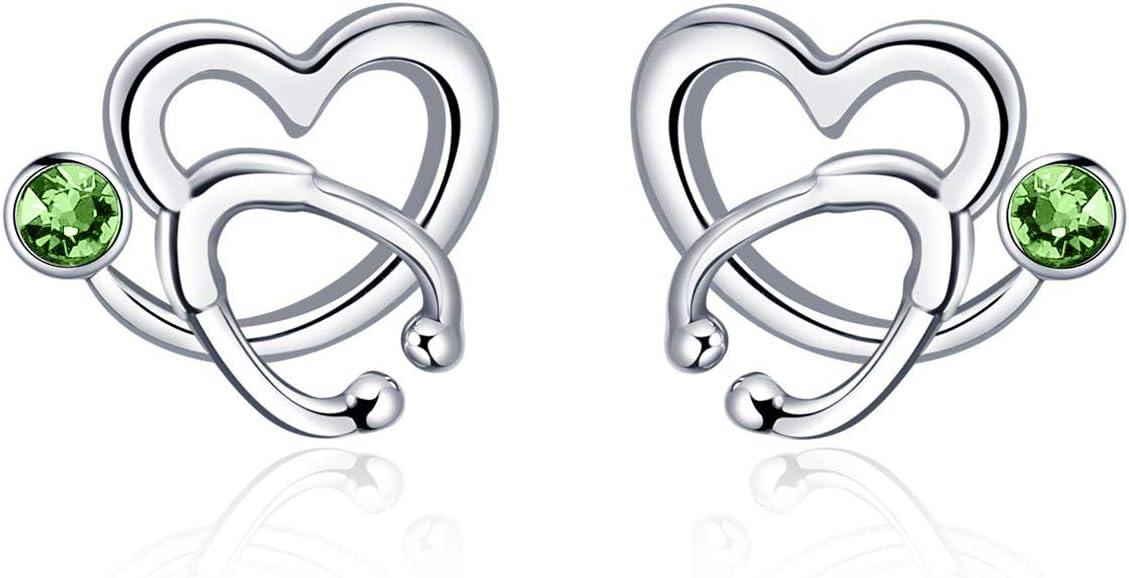Sterling Silver Austria Crystal Nurse Earrings Stethoscope Studs Graduation Gifts for RN Doctor Medical Student-Simulated Peridot