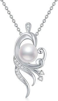wholesale 925 Sterling Silver AAA+ White Freshwater Pearl Swirl Design Pendant Necklace with Cubic Zirconia Accents-8MM Pearl