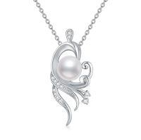 wholesale 925 Sterling Silver AAA+ White Freshwater Pearl Swirl Design Pendant Necklace with Cubic Zirconia Accents-8MM Pearl