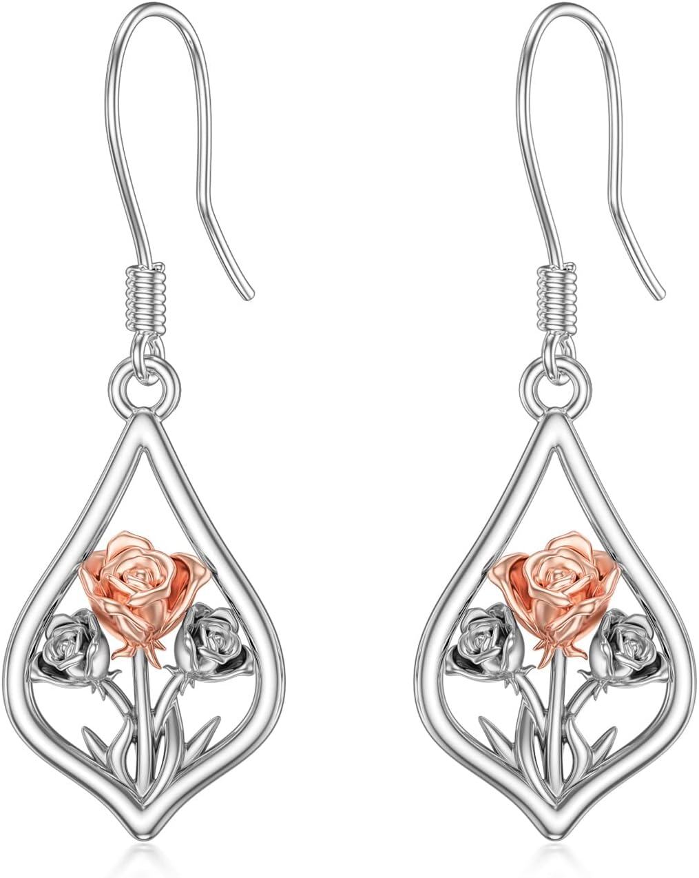  Metal Sterling Silver Stone Flower Dangle Drop Earrings for Women Mom Leverback Jewelry Gifts -09-Dangle-Rose
