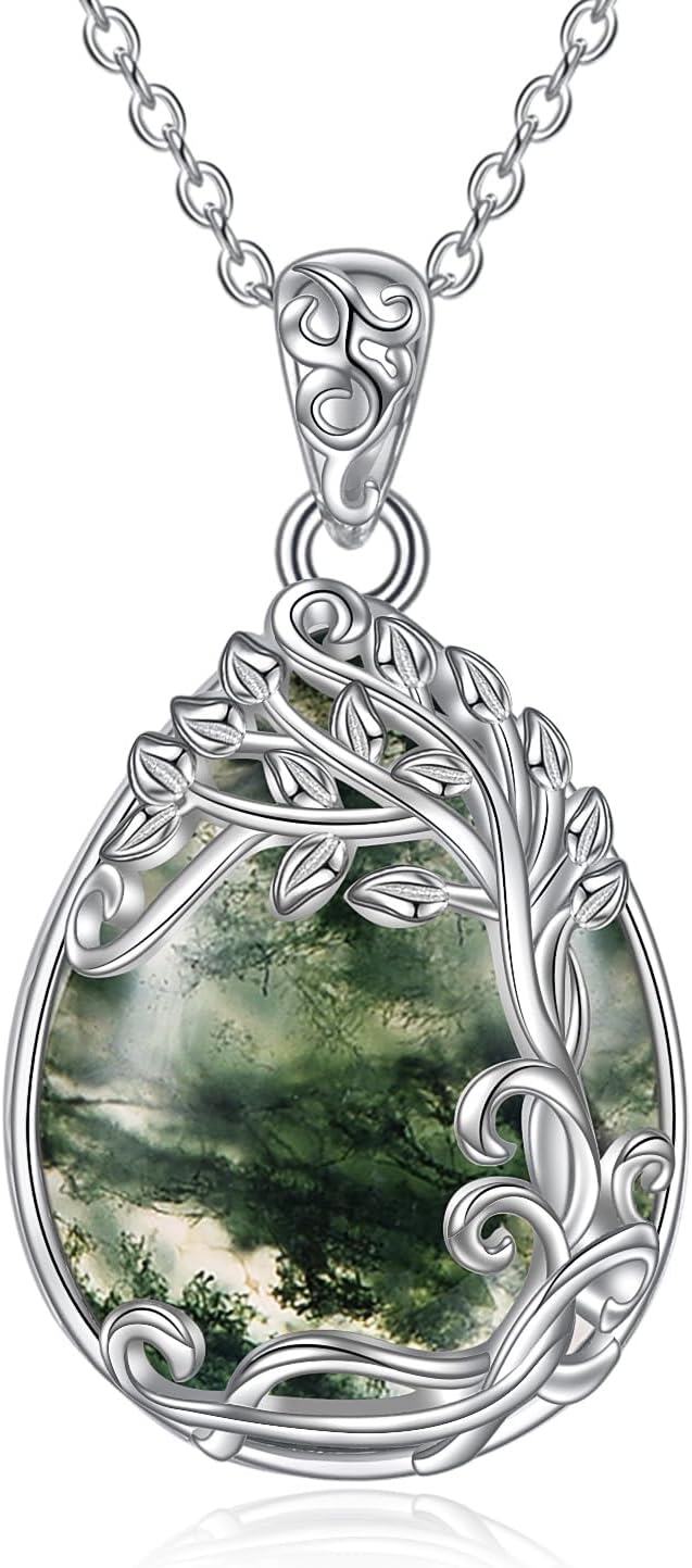 Sterling Silver Moonstone Filigree Teardrop Pendant Necklace for Women-HH-Tree of Life Moss Agate Necklace