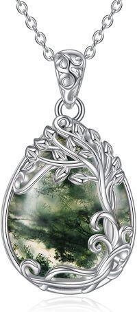 wholesale Sterling Silver Moonstone Filigree Teardrop Pendant Necklace for Women-HH-Tree of Life Moss Agate Necklace