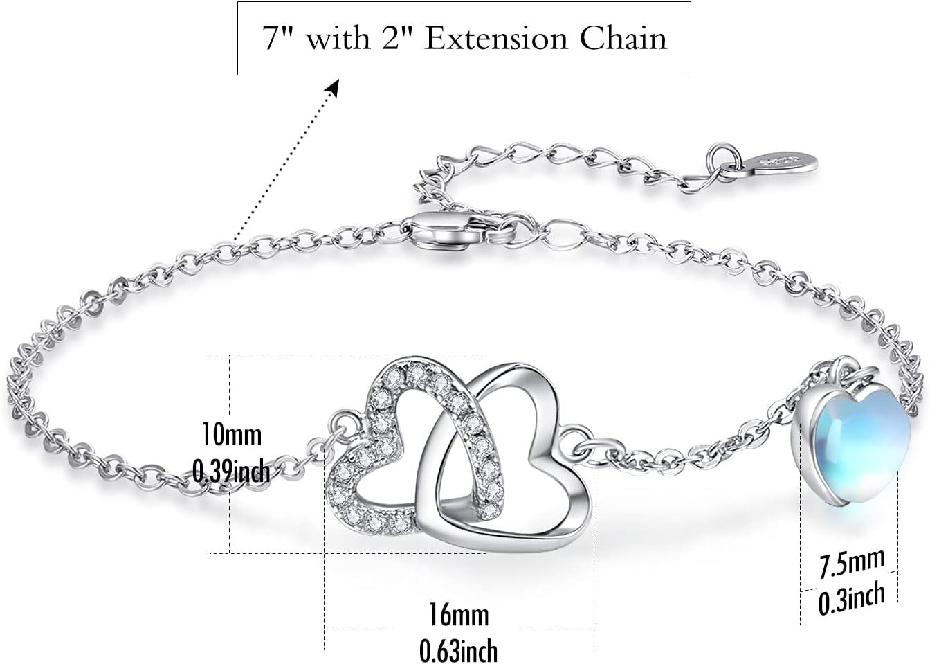 wholesale 925 Sterling Silver Double Heart Moonstone Charm Bracelet for Women-0-2