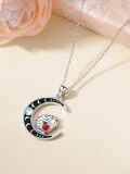 wholesale 925 Sterling Silver Fox on Crescent Moon with Red Apple and Blue Stone Pendant Necklace-0-3