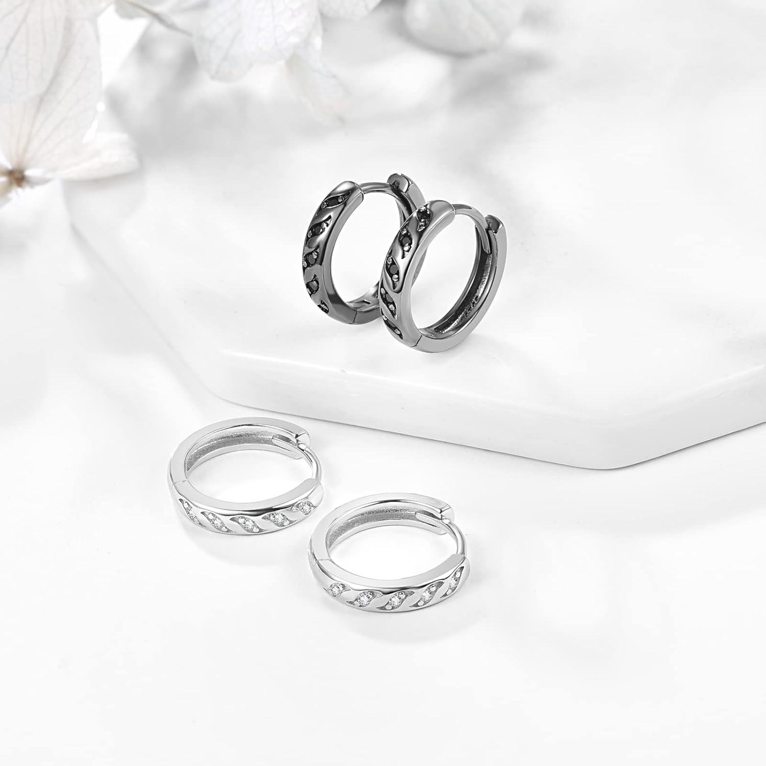 Sterling Silver Cubic Zirconia Hoop Huggie Wave Earrings for Women Men-0-3