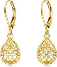 wholesale 14K Gold Teardrop Flower Filigree Tree Of Life Leverback Drop Earrings-Filigree