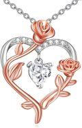 wholesale 925 Sterling Silver & Rose Gold Plated Heart-Shaped Pendant with Cubic Zirconia and Flower Design Necklace-0-0