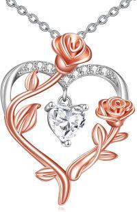 wholesale 925 Sterling Silver & Rose Gold Plated Heart-Shaped Crystal Flower Pendant Necklace-rose