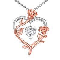 wholesale 925 Sterling Silver & Rose Gold Plated Heart-Shaped Crystal Flower Pendant Necklace-rose