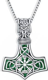 wholesale 925 Sterling Silver Green Enamel Norse Vegvisir Pendant Mens Viking Necklace-Mjolnir-2