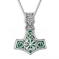 wholesale 925 Sterling Silver Green Enamel Norse Vegvisir Pendant Mens Viking Necklace-Mjolnir-2