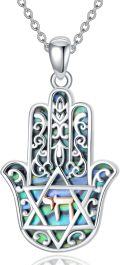 wholesale 925 Sterling Silver Abalone Shell Hamsa Hand with Star of David and Evil Eye Pendant Lucky Charm Necklace for Women & Men-0-0