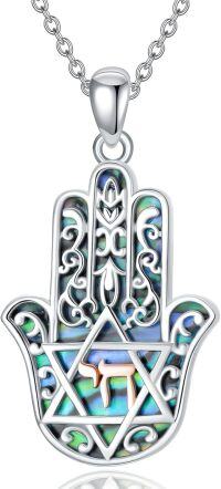 wholesale 925 Sterling Silver Abalone Shell Hamsa Hand with Star of David and Evil Eye Pendant Lucky Charm Necklace for Women & Men-Hebrew Chai B