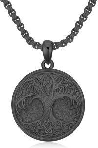 wholesale Black  Celtic Knot Tree Of Life Round Medallion Pendant with 3mm Rolo Chain - Men Women  Set-Black