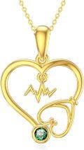 wholesale 14K Gold Heartbeat & Stethoscope Pendant Necklace with Green Stone - Nurse Gift (18)-0-0