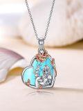 wholesale 925 Sterling Silver Heart-Shaped Alice in Wonderland Rabbit and Girl Pendant Necklace with Rose Gold Leaves & Black Enamel Background - Gifts for Women-0-9