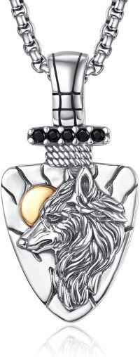 wholesale 925 Sterling Silver Plated  Nordic Fenrir Wolf Head Necklace with Black CZ Stones and Gold Accent - Viking Style Jewelry for Men Women Gifts -wolf