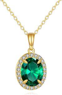 wholesale 14K Yellow Gold Lab-Created Emerald & Zirconia Oval Pendant Necklace-05-May-Emerald