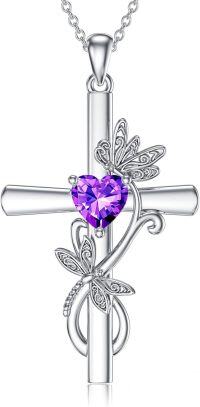 wholesale Sterling Silver Birthstone Dragonfly Cross Pendant Necklace for Women-02-February