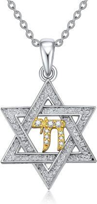 wholesale 925 Sterling Silver Cubic Zirconia Star of David Pendant Necklace with Gold Plated Hebrew Letter for Women-A3-Star of David with Chai