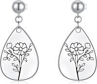 wholesale Sterling Silver Floral Teardrop Earrings w Birth Flower Engraved Gift for Women-10-October-Cosmos