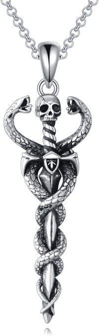 wholesale Sterling Silver Sword Necklace with Snake Pendant Viking Amulet Jewelry for Men Women-Snake and Skull