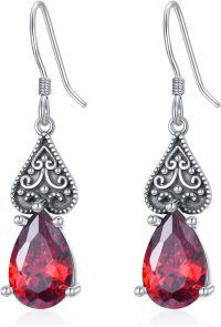 wholesale Sterling Silver 12 Months Birthstone Vintage Teardrop Dangle Earrings-01-Garnet-Red
