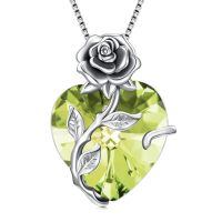 wholesale 925 Sterling Silver Crystal Rose Flower Heart Pendant Necklace-08-Aug - Peridot
