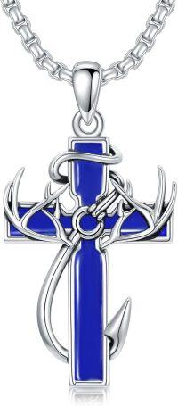wholesale Sterling Silver Deer Antler Cross Necklace for Men Hunting Jewelry Gift-2-03-Blue