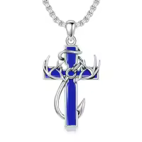 wholesale 925 Sterling Silver Black Enamel Deer Antlers Cross Pendant Necklace with Stainless steel chain for Men -2-03-Blue