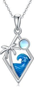 wholesale 925 Sterling Silver Ocean Wave Tridant Palm Tree Moonstone Pendant Necklace for Women and Men-0-0