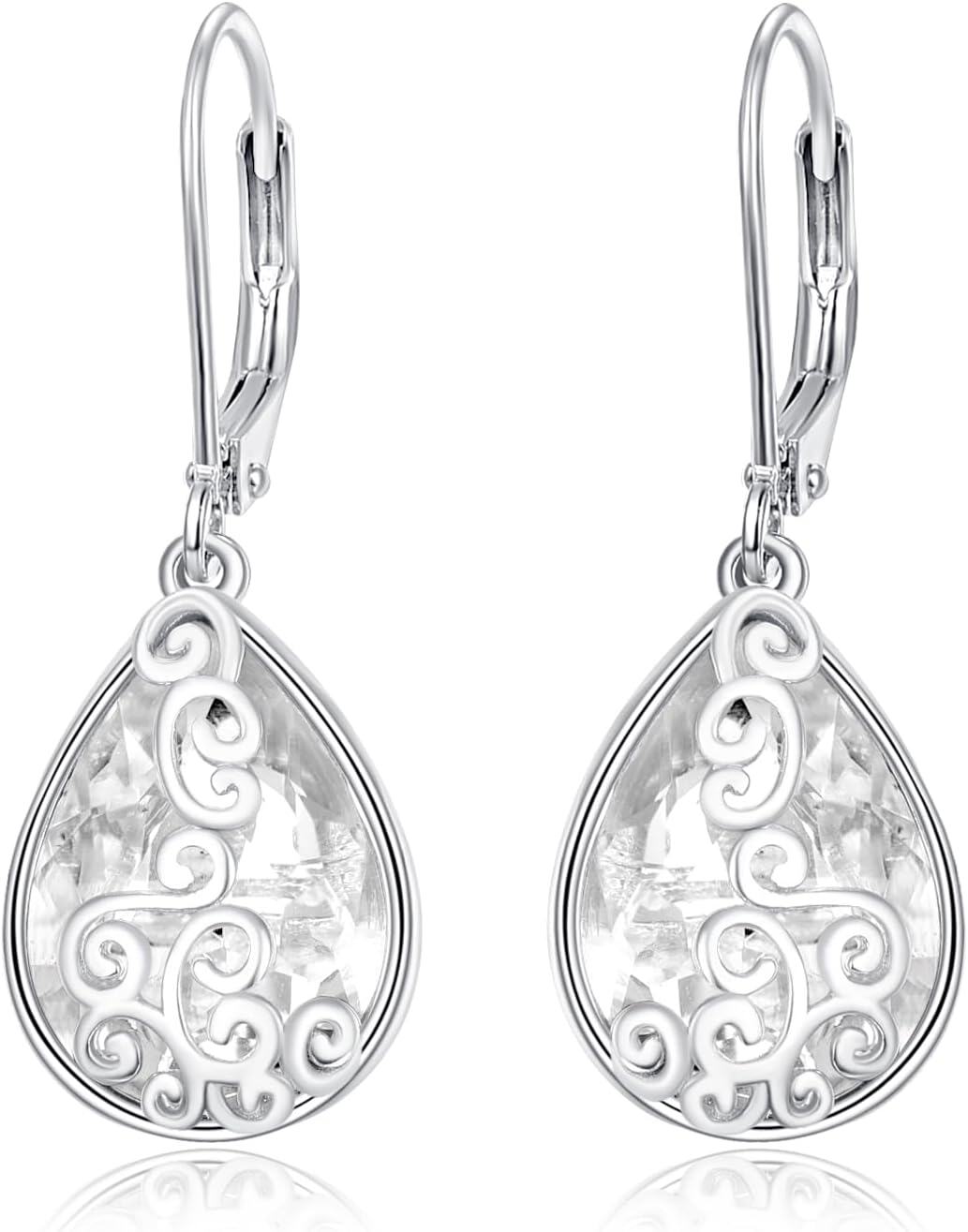 Sterling Silver Birthstone Teardrop Leverback Dangle Earrings-clear