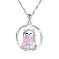 wholesale 925 Sterling Silver Cute Bear Pendant Necklace With Pink Scarf And Heart Charm-Polar Bear Necklace