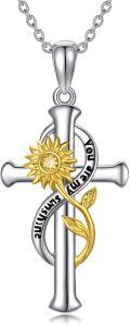 wholesale 925 Sterling Silver Sunflower Angel Wing Cross Pendant Infinity Necklace with Yellow Gold Plating and Crystal Centerpiece-0-0