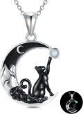 wholesale 925 Sterling Silver Crescent Moon Black Cat Necklace with Blue Stone Pendant-0-0