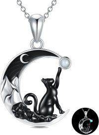 wholesale 925 Sterling Silver Crescent Moon Black Cat Necklace with Blue Stone Pendant-Cat with Luminous