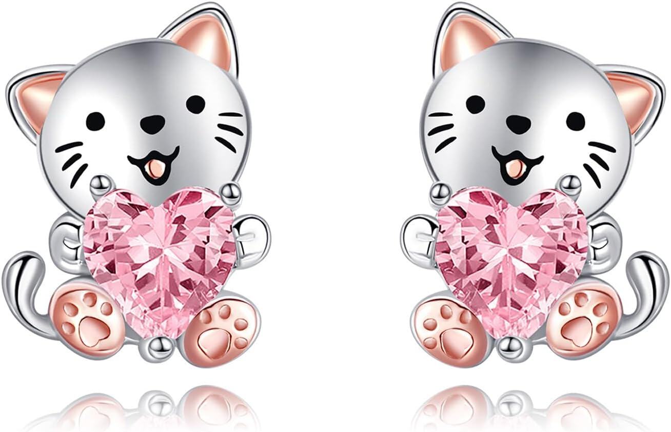 925 Sterling Silver Pink Heart Cat Stud Earrings Adorable Kitty Jewelry for Girls and Women-0-0