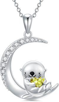wholesale Sterling Silver Animal Birthstone Necklace Otter Axolotl Hippo Pendant Jewelry Gift for Women-08-Aug-Otter