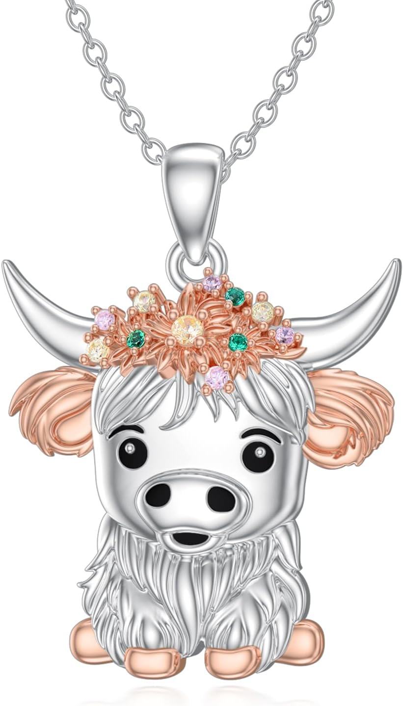925 Sterling Silver Highland Cow Birthstone Necklace Jewelry Gifts for Women Girls-0-0