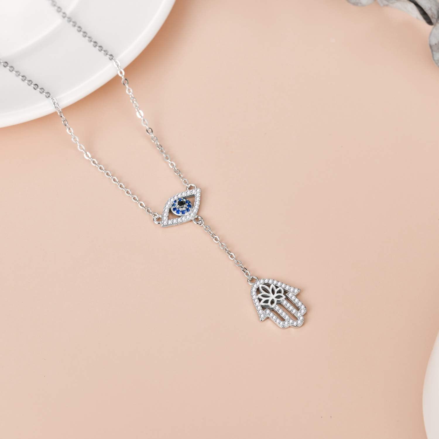 925 Sterling Silver Evil Eye Hamsa Hand Lariat Necklace with Blue and White CZs Protection Amulet  for Women-0-2
