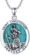 wholesale 925 Sterling Silver Round Genuine Turquoise St. Christopher Pendant Necklace-0-0